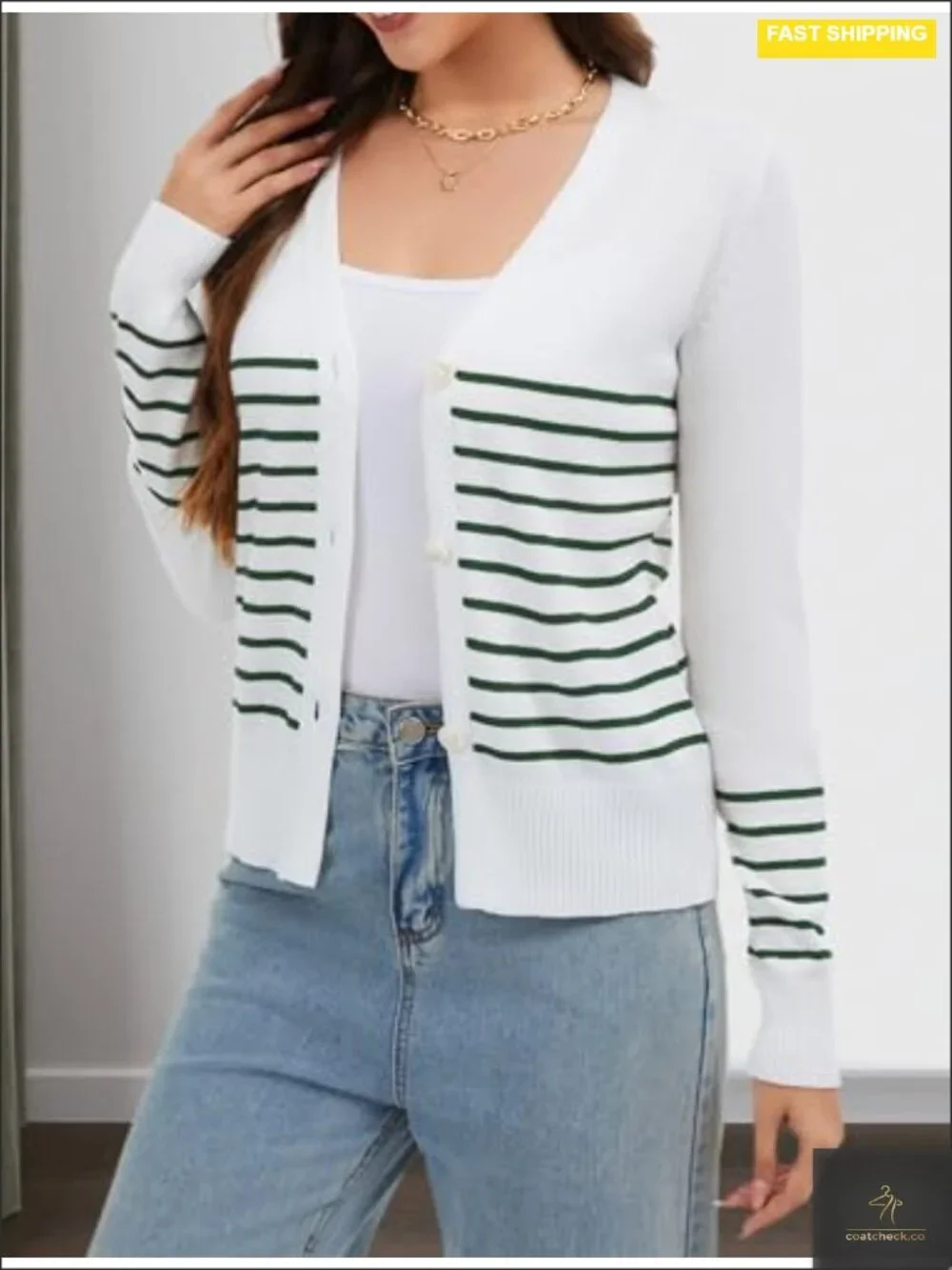 Striped Button Down V-Neck Open Front Long Sleeve Knit Cardigan Sweater